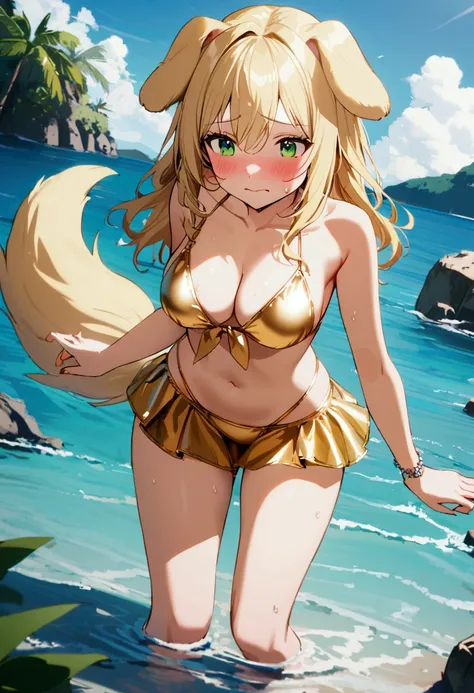 1girl with long blonde hair, green eyes, floppy dog ears, dog tail, embarrassed, blush, in golden bikini with mini skirt. In water, sea