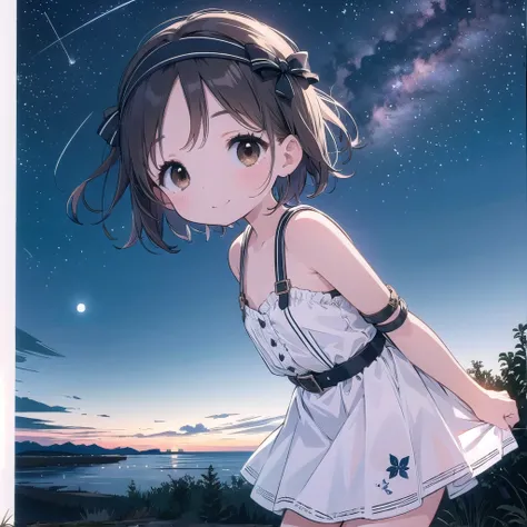 8-year-old、pretty girl、Fetish、Smile、shooting star、milky way、full moon、Beautiful background、Breathing heavily，Four Girls、Cute bondage outfit、Black Hair、Brown eyes、short hair、Headband