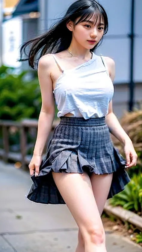 (((Big Breasts:1.52)))、((Viewing angle from below、Highest quality、masterpiece、32k、Every detail))、Descend the outdoor stairs、commute、Systemic symptoms、Very loose camisole、Pleated skirt、(((A strong wind blows my hair and skirt away:1.62)))、((Shoulder strap c...