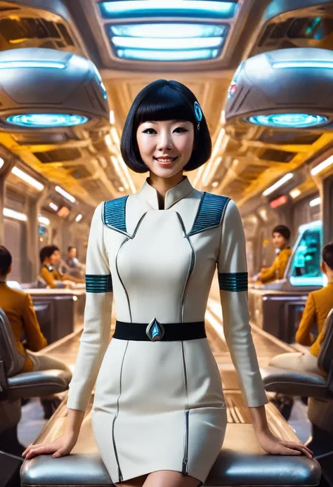 (wearing star trek original series 60s/70s one piece mini dress bridge crew uniform )) (asian-european, half-asian crew member w...