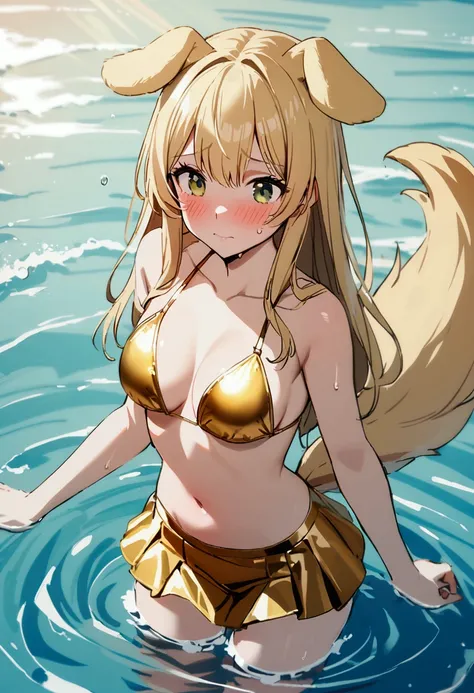 1girl with long blonde hair, green eyes, floppy dog ears, dog tail, embarrassed, blush, in golden bikini with mini skirt. In water, sea