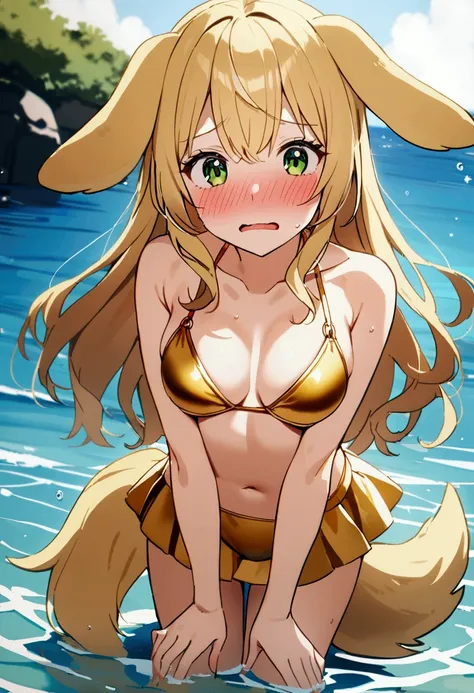 1girl with long blonde hair, green eyes, floppy dog ears, dog tail, embarrassed, blush, in golden bikini with mini skirt. In water, sea