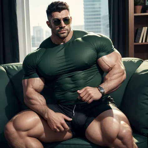 a very handsome, robust man, wearing sunglasses, with a Mid fade haircut, massively muscular, with massively large muscles, with massively large and muscular arms, shoulders and biceps, with a massively large, muscular and defined body, wearing a dark gree...