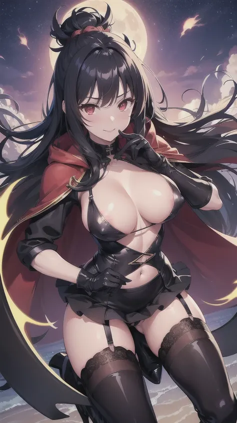 ((Highest quality)),(8K),((Anime illustration)) ,【One Girl,One boy(men and women)】,Red moonlit night,At the Beach,Beautiful night view, ((Browsing Caution)),((Black haired devil)),(Red glowing eyes),(Good elevator),Beautiful black lingerie,(Wearing a blue ...