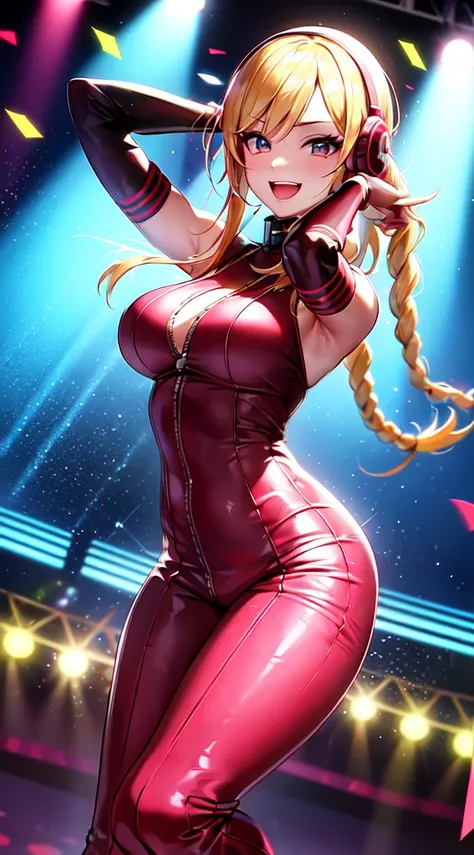 anime girl,short mini red  jumpsuit, unzip to belly, headphones,DJ turntable set,club lighting,stage,confetti,dancing,smiling,(best quality:1.2),(ultra-detailed:1.2),(realistic:1.37),HDR,vivid colors,portraits,shorts,headphone girl,energetic pose,colorful ...