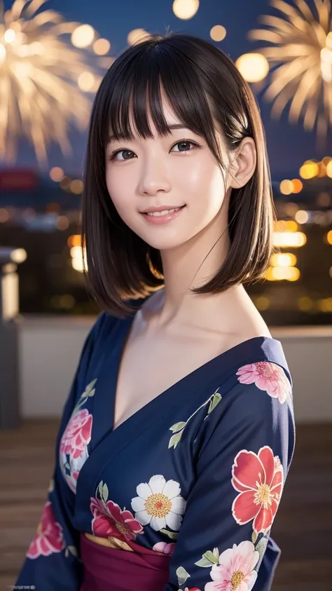 Japanese girl looking at the viewer, posing with a smile (highest quality, masterpiece))), wearing Navy Yukata、High resolution, very detailed, masterpiece, cinematic lighting, (8K, highest quality, masterpiece: 1.2), (realistic, photorealistic: 1.37) high ...