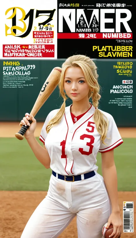 ( magazine cover:1.2), 1 blonde loli，  arafed baseball player swinging a bat at a ball, stylized digital illustration, baseball,...