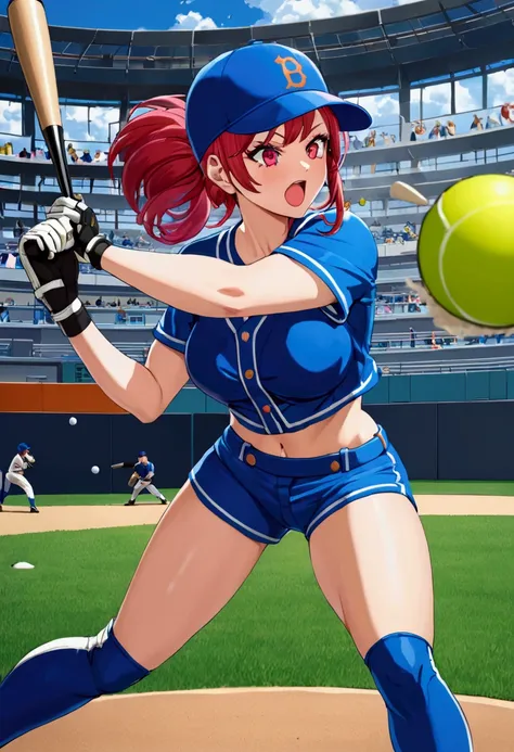 a sexy girl as a baseball player, play as striker, hit curved ball(hitting ball:1.8), iconic hitting stance, wink, vivid color, ...