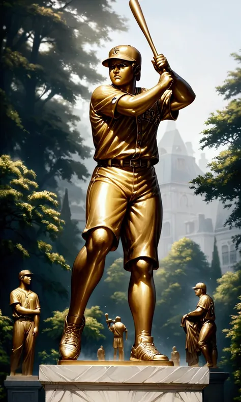 bronze statue of babe ruth, baseball player, batter's posture, carry a bat, bronze statue placed on a pedestal, baseball uniform...