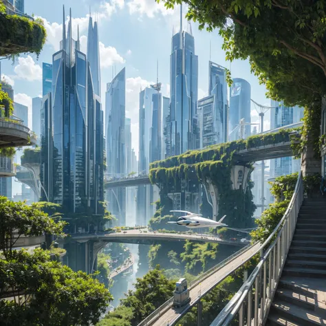 City streets with high-tech development in the future world，，Dense, super-tall, sci-fi high-rise buildings，Greenery，Water curtain，Sky Garden，Flying Cars，Flying trains，Skybridge connection，Waterways crisscross，A rocket ship is launching in the distance