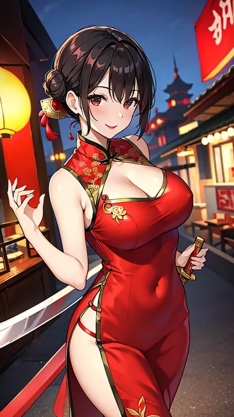 a beautiful woman，standard red silk cheongsam，hair tied into a bun，short black hair，large breasts，sexy，slim body，holding a chine...