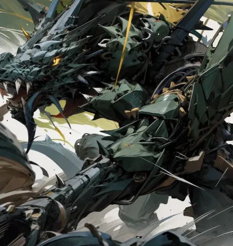 black and white mechs, dragon helmet, claw weapons, huge claws, attack, green, navy, extremely high detail, black, beast, animal...