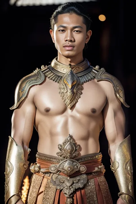 1male, a warrior male during the majapahit kingdom era, with a sharp and brave gaze, wearing ancient javanese war armor, southea...