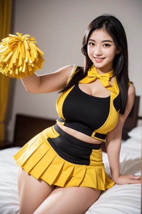 masterpiece,ultra detailed,sharp focus,tareme,droopy eyes,curvy adult body,yellow cheerleading costume,gigantic breasts,,black eyelashes,baby face,smile, straight hair,at bedroom,22 years old,pleated skirt,logo vest