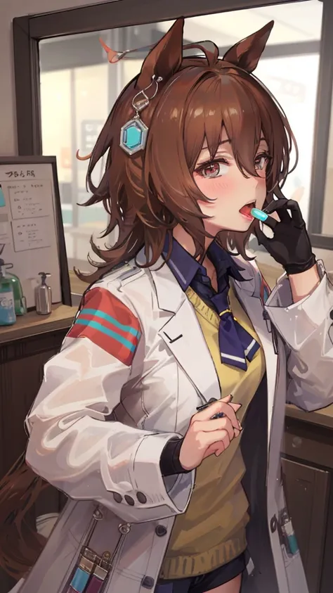 high quality, 8k, seduction of fellatio, (temptation by hand), hand in front of face, pov, strong eyes, side view, profile, 
(from over:1.3), open mouth, long tongue, in town toilet, in town, 
agnes tachyon (umamusume)
, zettairyouiki, blush, lab coat, sto...