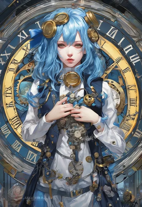 A girl with blue hair and a ribbon in her hair、Gothic style body dress、When you gaze into the infinite time、Finite time disappears、Ultra Realistic、A pile of super-detailed clocks、cyber punk、mikudayo、Detailed portrait、Beautiful artスタイル、Beautiful art