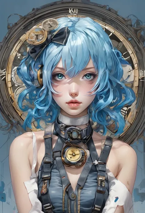 A girl with blue hair and a ribbon in her hair、Gothic style body dress、When you gaze into the infinite time、Finite time disappears、Ultra Realistic、A pile of super-detailed clocks、cyber punk、mikudayo、Detailed portrait、Beautiful artスタイル、Beautiful art