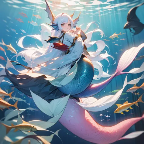 long white hair, mermaid,long fish tail, aquarium,handucffs on tail hands neck,musuem