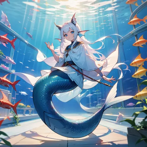 long white hair, mermaid,long fish tail, aquarium,handucffs on tail hands neck,musuem