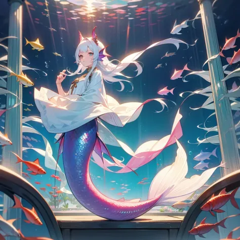 long white hair, mermaid,long fish tail, aquarium,handucffs on tail hands neck,musuem