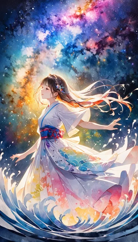 beautiful princess, milky way, galaxy, 2.5D, delicate and dynamic, fusion of watercolors and oil paintings, fusion of paper cutting and shadow puppetry, magic of vivid color shades and contrasts, gradation, wet in wet, water splash, foggy filter effect, Ja...