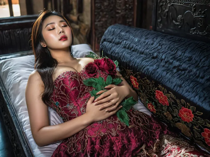 in a striking 8k hdr scene, a stunning korean woman, 22 years old, lies peacefully in a black coffin surrounded by plush pillows...