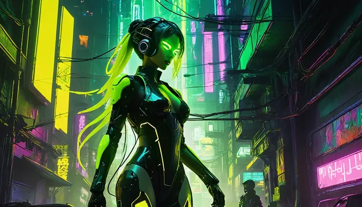 a stunning top-down view of a cyberpunk-style figure dressed in bright green and yellow, with neon lights illuminating the scene...