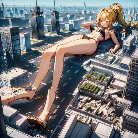 Giantess, long sexy legs, yellow hair, bikini,lying on top of destroyed buildings, city at her feet burns in flames for the destruction she has caused, tiny people climb on her body to try to defeat her uselessly. Giantess, goddess, macrophilia, curvaceous...