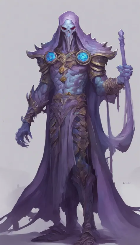 Mind flayer，Inspired by Dungeons & Dragons，Full body concept art illustration of Mind Flayer。The character has human-like proportions，tall、slim and muscular。The character has 4 tentacles extending from its chin，Light purple skin，Almost Blue。The character i...