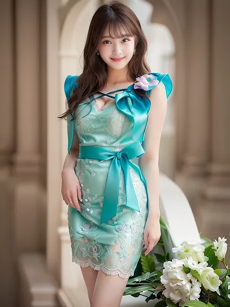 Photo-realistic quality、Woman in dress standing,  Translucent dress,  Elegant Dresses, Fantasy Dress, Pastel Green Dress,  Lace dress, romantic dress,  Lace dress、Detailed and beautiful eyes、Cute smile、Relaxed, soft and gentle expression、looking at the cam...