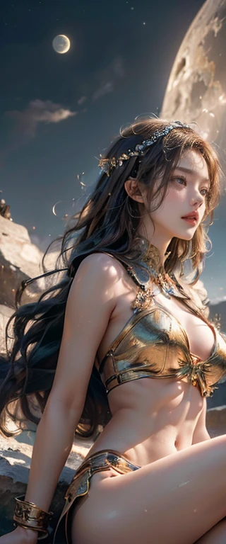 ((masterpiece, Highest quality, Best image quality, High resolution, Realistic, RAW Photos, 8K)), ((High-definition CG synthesis 8K wallpaper)), floating, Profile of a woman sitting on a giant crescent moon in the night sky, Ancient Greek Clothing 