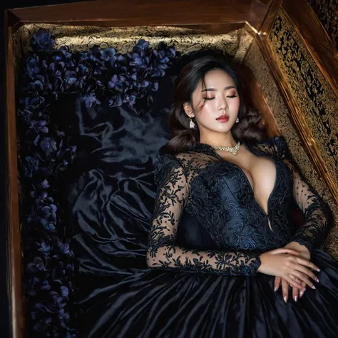 In a striking 8K HDR scene, a stunning Korean woman, 22 years old, lies peacefully in a black coffin surrounded by plush pillows. The deep box is set against a rich black background, accentuating the beauty of the subject. Her exquisite deep-V neckline keb...