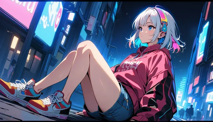 HD 8k Handsome sexy cute, Solitary, 1 female, Medium Length Hair, white hair, Rainbow hair, blue Eyes, looking away,Rainbow headphone, hoodie, colored hoodie, denim shorts, sneakers, Human focus, outdoor, blue night sky, background is 1980s Japanese NEON T...