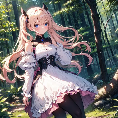 finely detailed beautiful girl, detailed 16k best quality, shiny hair, ultra-detailed beautiful shiny highlight clear eyes focus, A girl in pink armor、Blushing、Blonde、Twin tails、Blue Eyes、laughing、Walking in the forest、