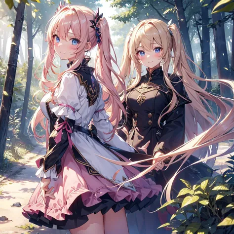 finely detailed beautiful girl, detailed 16k best quality, shiny hair, ultra-detailed beautiful shiny highlight clear eyes focus, A girl in pink armor、Blushing、Blonde、Twin tails、Blue Eyes、laughing、Walking in the forest、