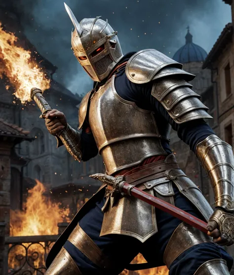 Realistic detailed photograph (italian man), emb3r4rmor, wearing embers knight armor, burning, glowing, dynamic pose, fighting stance, fantasy city background, holding sword,, best quality, masterpiece, highly detailed, realistic, (detailed background), de...