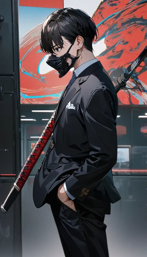 1boy, he is wearing a highly detailed black high tech mask,long cross earrings,black hair covering both his eyes,black eyes,open white school blazer with logo ,,standing,hands in pocket, calm,closeup,side profile ,bright school background,carrying a katana...