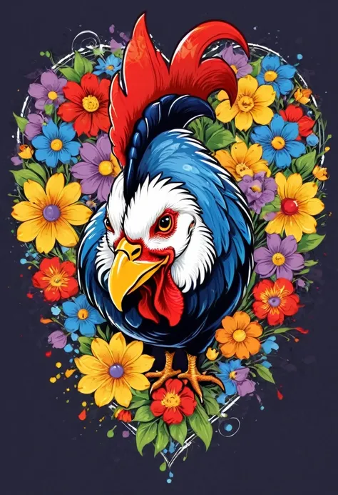 vector art heart with flowers, colorful illustration barcelos rooster in the center, paint splashes and stains, high détail, t-s...