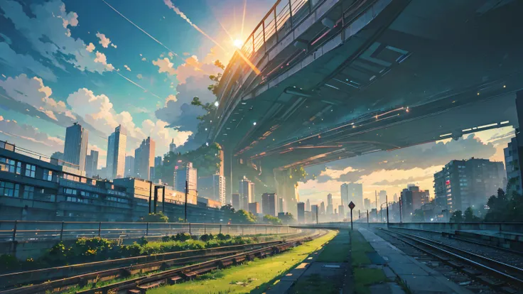 (masterpiece, highest quality:1.2), highest quality, masterpiece, high resolution, anime style, Urban landscape, ultra detailed, landscape illustration, realistic, beautiful cumulonimbus clouds, wide open sky, summer sky, verdant sky, ambiguous boundaries,...