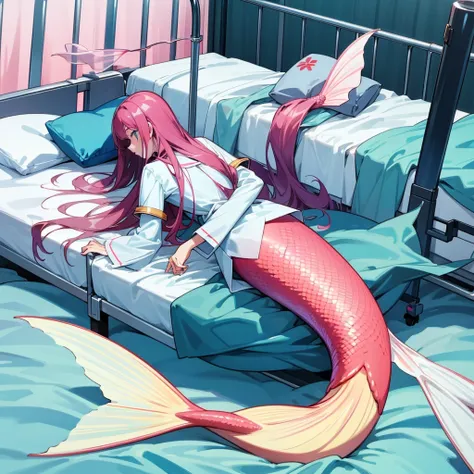 long hair white,mermaid,white tail,hancuff in a bed,hospital