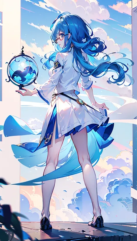 (Sky blue hair），Blue Eyes，Long curly hair，Big wavy hair，Round glasses，Girl，Wear a white cape，No hat，Black skirt，Holding a skirt in hand，Standing，Standing picture，whole body，游戏Standing picture，White background，8K，Correct human body，Detailed eye painting，ill...