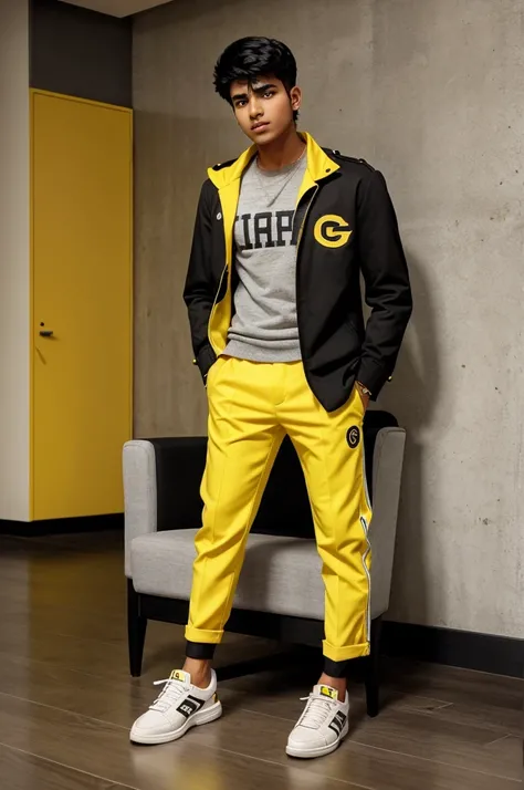 18-year-old Indian boy Modern black outfit with matching shoes Black chair with yellow accents Modern design with gray walls and floor "Chandan Lala" in large bold letters