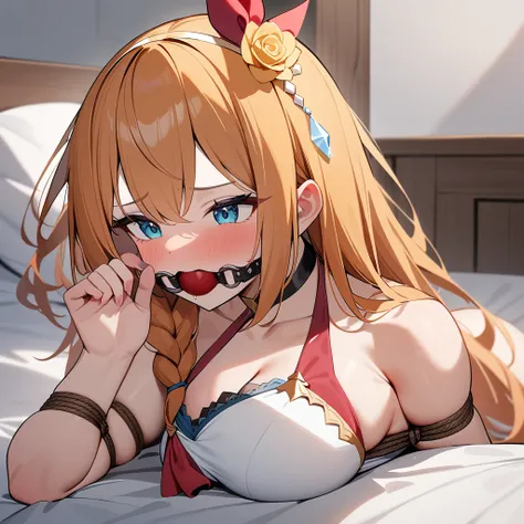 1girl, pecorine (summer) (princess connect!), princess connect!,bedroom,lying on a bed, bondage,gaged,ballgag,rope,hand behind back,masterpiece,very aesthetic,newest,sensitive