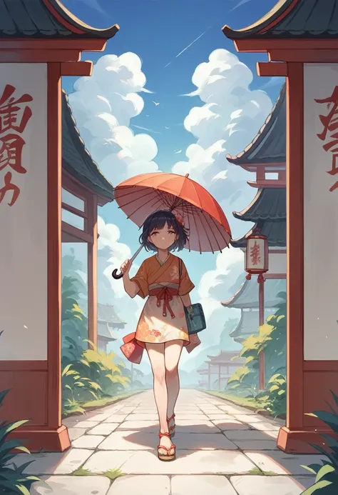 shot from the bottom, a beautiful japanese girl, wearing summer outfit and sandals, holding an umbrella walking down with clear blue sky and white clouds as the background on a summer day