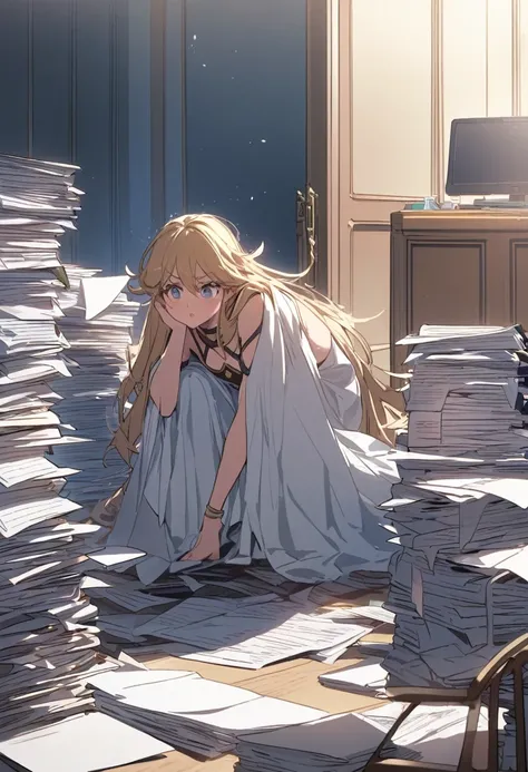 Goddess,  confused,, the desk has a large pile of documents, the gate to another world,