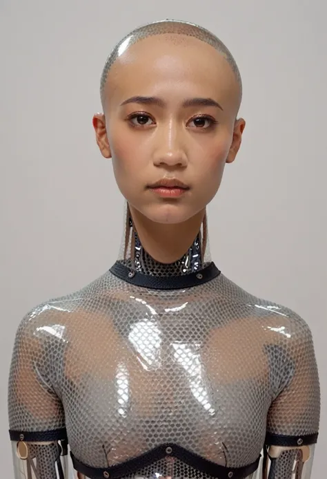 ava, asian portrait, android, transparent skin parts, looking at the viewer, waist, gray bodysuit, bald, score_9, score_8_up, score_7_up, score_6_up, score_5_up, score_4_up