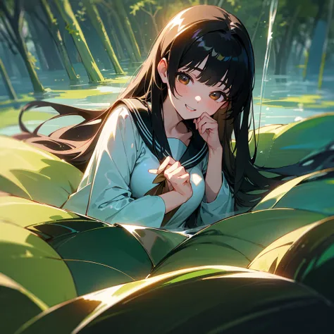 finely detailed beautiful girl, detailed 16k best quality, shiny hair, ultra-detailed beautiful shiny highlight clear eyes focus, beautiful shiny forest water background,  Long Black Hair、Sailor suit、laughing、Brown eyes、