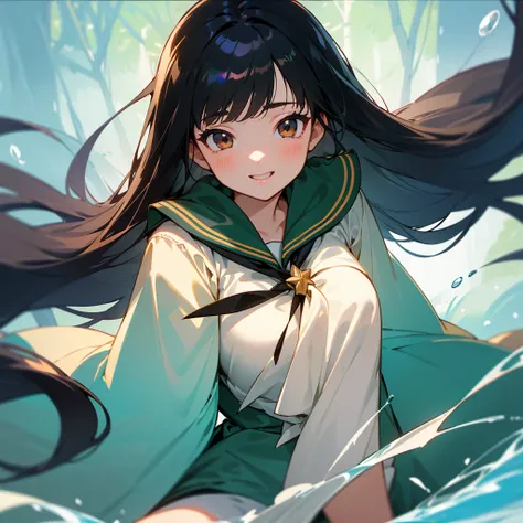 finely detailed beautiful girl, detailed 16k best quality, shiny hair, ultra-detailed beautiful shiny highlight clear eyes focus, beautiful shiny forest water background,  Long Black Hair、Sailor suit、laughing、Brown eyes、