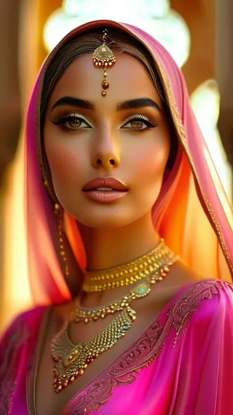 A hijab-wearing woman in a long, flowing pink silk dress, beautiful detailed eyes, beautiful detailed lips, extremely detailed eyes and face, long eyelashes, serene expression, graceful pose, ornate architectural background, golden sunlight, vivid colors, ...