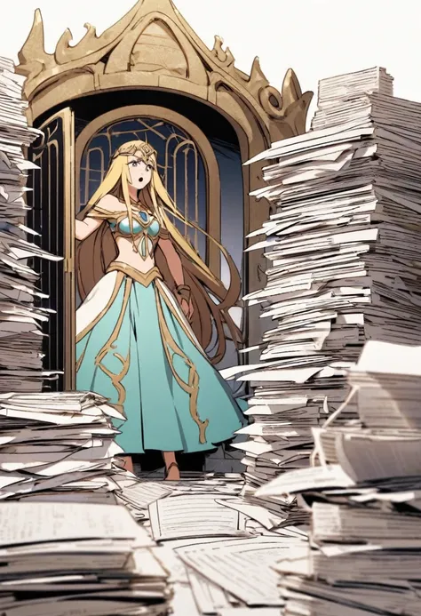 Goddess,  confused,, the desk has a large pile of documents, the gate to another world,